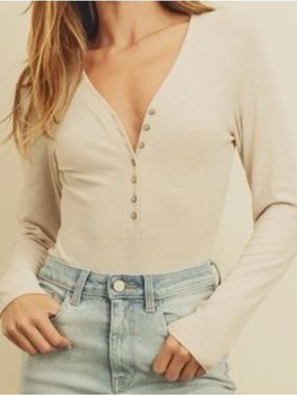 Dress Forum Los Angeles Long Sleeve Henley Devy Nude Button Up Bodysuit Small